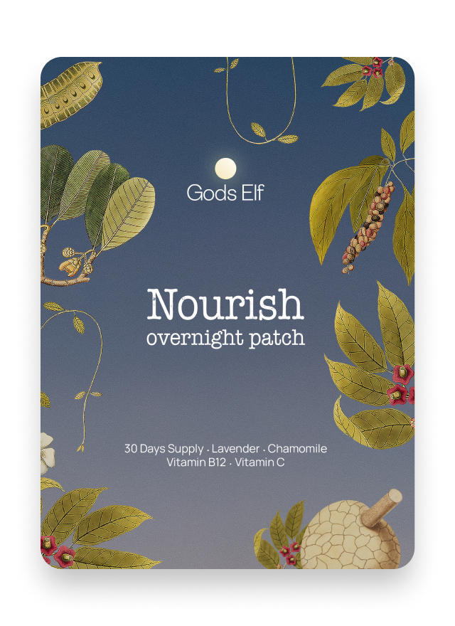 Gods Elf Nourish Patch with B12, chamomile, and lavender for calm, melatonin-free sleep support.