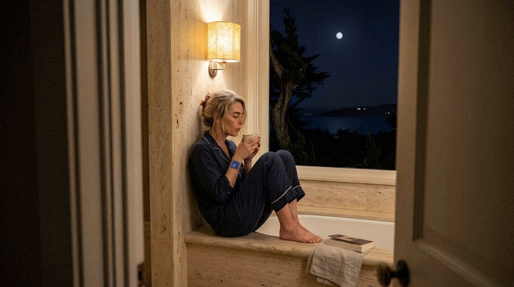 Late at night, a woman in navy pyjamas sits in the bathroom window seat with a cup of tea, eyes closed, a small blue patch on her wrist and the moon in the window.