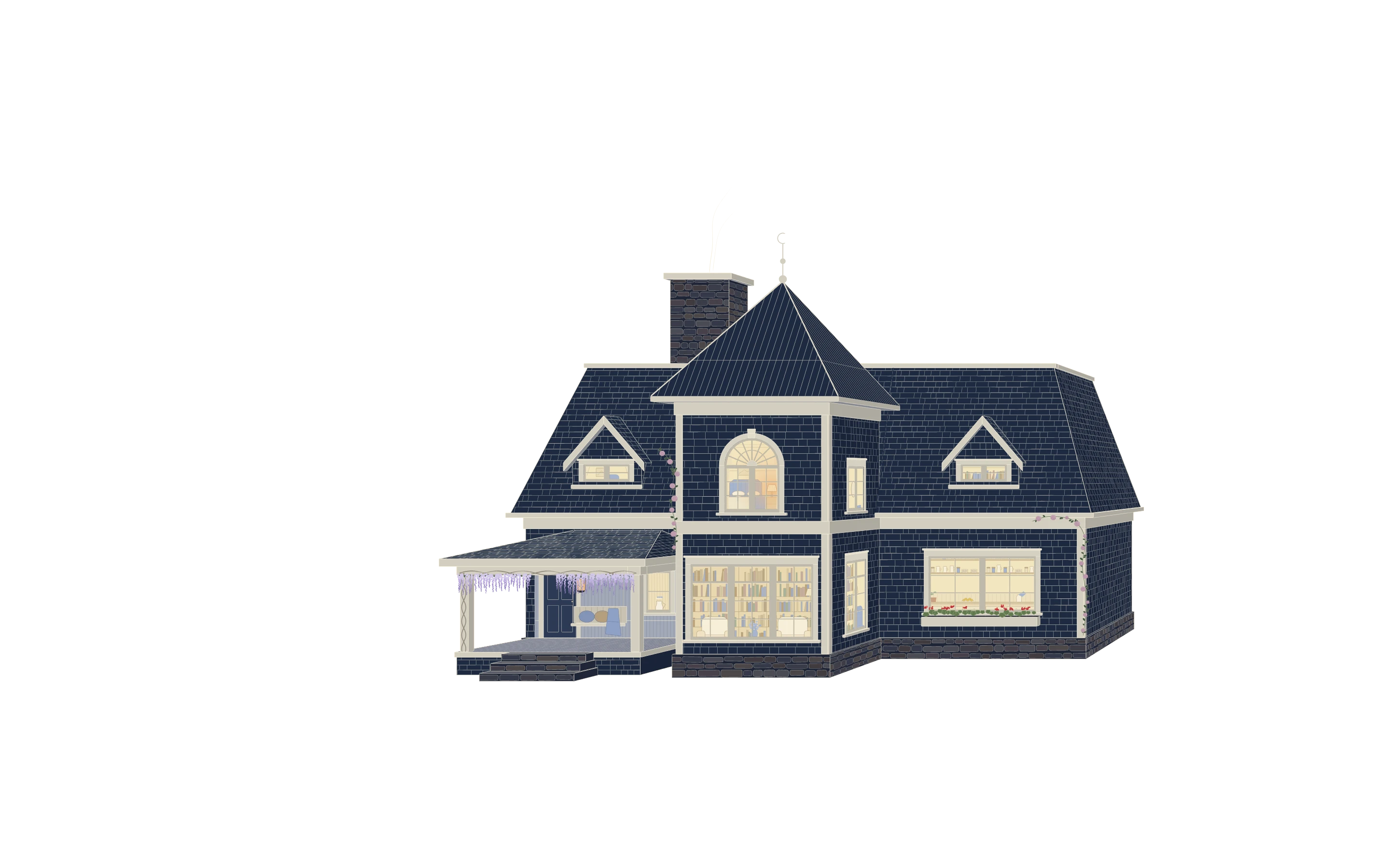 The house at night on the hill above the water, its windows lit